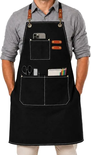 Vista 7 de APRONPANDA Cross-Back Chef Aprons for Men and Women, Water Repellent Cotton Canvas Adjustable Work Apron with Pockets Marrón