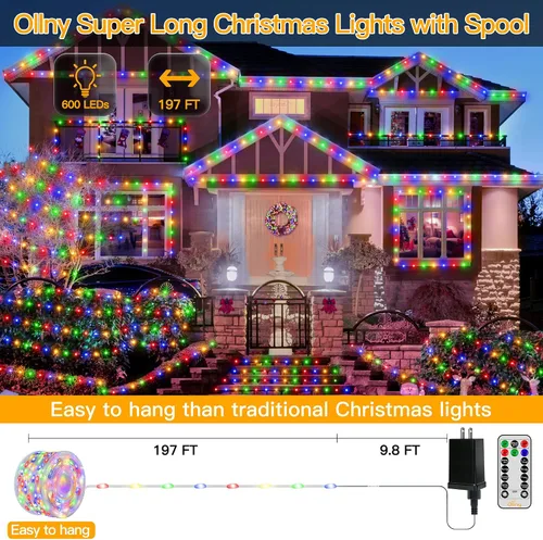 Vista 2 de Ollny Luces de Navidad para exteriores, 600 LED de 197 pies, luces multicolor para árbol de Navidad IP67, luces de hadas enchufables con control