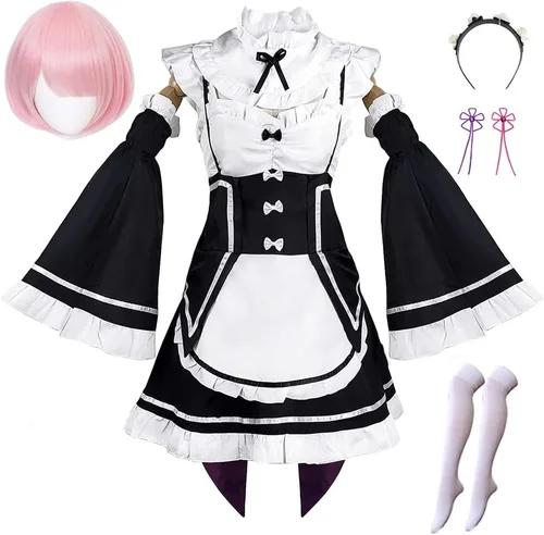 Vista 4 de Lmetsky Rem Ram Disfraz de Cosplay Vestido Disfraz de Natsuki Subaru Re Zero Conjunto de Cosplay Uniforme de Sirvienta Halloween