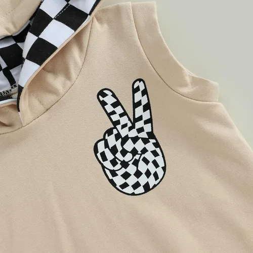 Vista 4 de Conjunto de ropa de verano para bebé niño y niño, diseño a cuadros, manga corta, sudadera con capucha y pantalones cortos casuales