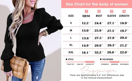 Vista 5 de Bigyonger Suéter de manga larga tipo farol con cuello cuadrado para mujer