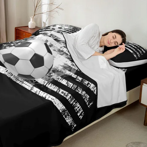 Vista 3 de Juego de sábanas de fútbol tamaño individual para niños y niñas, juego de sábanas de bandera estadounidense, juego de ropa de cama con bandera
