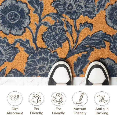 Vista 4 de Tapete para puerta de fibra de coco con estampado floral con respaldo de PVC antideslizante, tapete para interiores y exteriores para decoración