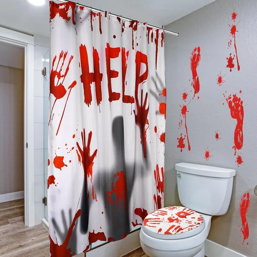 Vista 6 de Hahafelt Juego de 7 cortinas de ducha sangrientas de Halloween con Horror Help Me, cortina de baño de mano de sangre en forma de U, cubierta