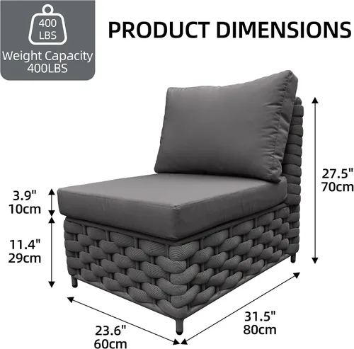 Vista 3 de TWT Sofá individual modular para exteriores con cojín grueso, gris oscuro Cuerda Textilene Gris Oscuro W/Cojín Gris Oscuro