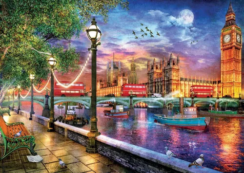 Vista 2 de Educa - Londres al atardecer, Dominic Davison - Rompecabezas de 2000 piezas - Pegamento para rompecabezas incluido - La imagen completa mide 37.75 x