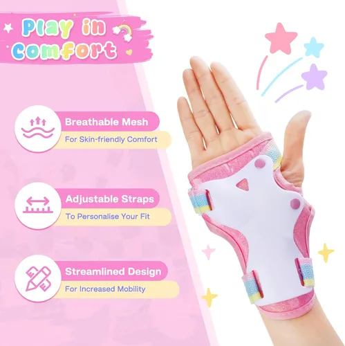 Vista 4 de Patines para niños pequeños (unicornio arcoíris, XS) + juego de equipo de protección rosa con bolsa de cordón (S)