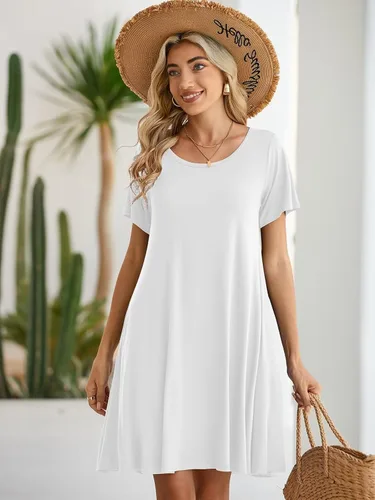 Vista 5 de BELAROI - Vestido informal de verano para mujer, vestido con vuelo de mangas cortas, estilo túnica