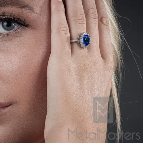 Vista 3 de Anillo de compromiso de Kate Middleton de plata de ley maciza con circonita cúbica de imitación de color azul zafiro