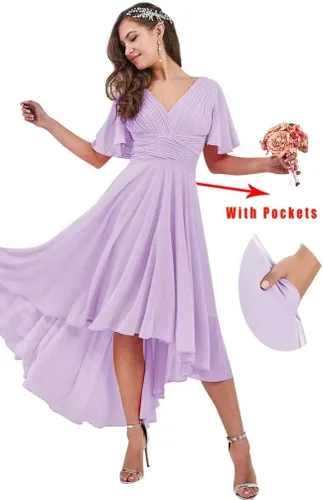 Vista 3 de TORYEMY Vestidos de dama de honor para mujer, vestidos formales plisados de gasa con cuello en V