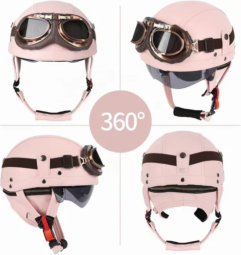 Vista 3 de Casco de motocicleta rosa, medio casco de cuero estilo alemán, casco de motocicleta para mujer con certificación DOT, casco de media cara con gafas