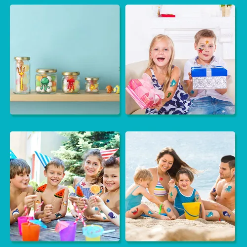 Vista 4 de Partywind Tatuajes temporales azules luminosos bajo el mar para niños, 170 estilos que brillan en el océano, playa, piscina, fiesta de cumpleaños