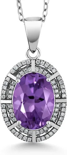 Vista 42 de Gem Stone King Collar con halo de dos filas de 5 a 10 quilates con piedra natal ovalada de 0.55 x 0.39 pulgadas en plata de ley 925 Collar