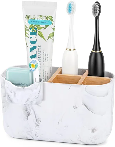 Vista 14 de GFWARE Soporte para cepillos de dientes negro – Portacepillos de dientes de bambú para baños, organizador de cepillos de dientes eléctrico