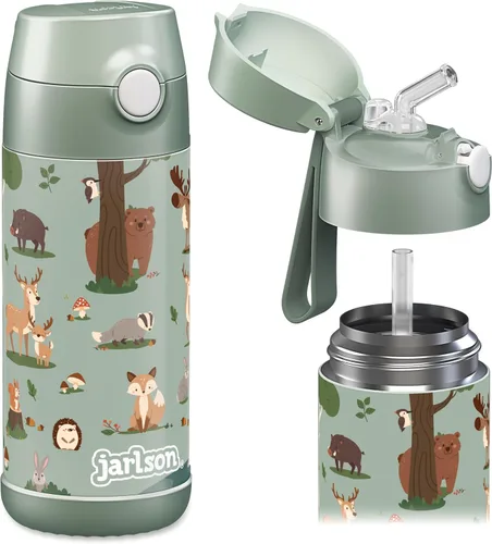 Vista 46 de Jarlson® CHARLI - Botella de agua para niños [12 onzas], botella térmica de acero inoxidable con pajilla, botella de agua aislada a prueba