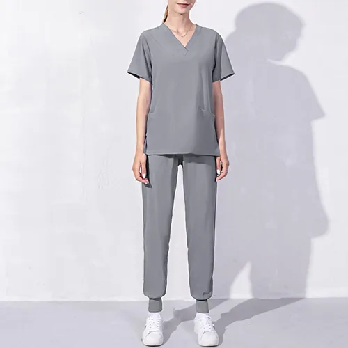 Vista 2 de Conjunto de ropa quirúrgica para mujer, conjunto de camiseta quirúrgica y pantalón deportivo, con cuello en V, manga corta, ropa de trabajo