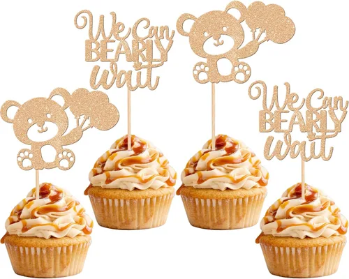 Vista 9 de 24 PIEZAS Oso de Peluche con Texto "We Can Bearly Wait" Adornos de Cupcake con Purpurina, Globo Oso para Revelación de Género, Adornos de Baby