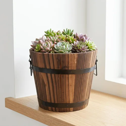 Vista 8 de DOITOOL Maceta rústica de madera en barril: cubo de madera para whisky, macetas para plantas de interior y exterior, contenedor para el hogar