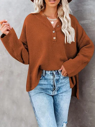 Vista 3 de Pink Queen Suéter de punto con cuello en V para mujer, de gran tamaño, manga larga tipo murciélago, estilo Henley