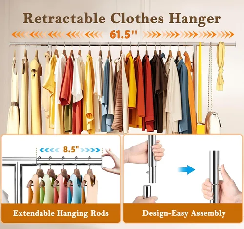 Vista 3 de Simple Trending - Perchero resistente de ropa con ruedas para colgar, organizador de ropa rodante de metal con capacidad de carga de 500 LBS, cromado
