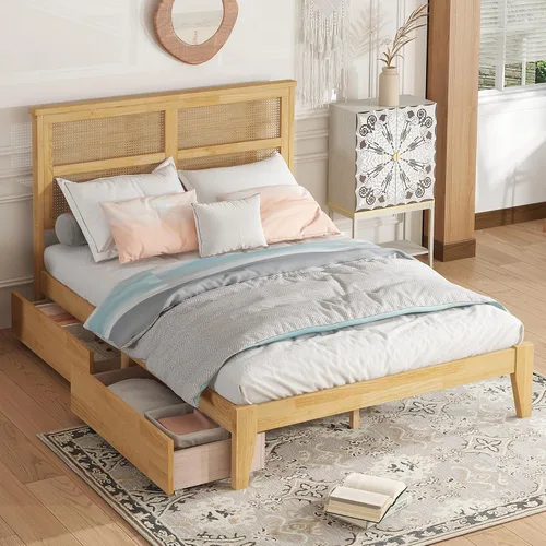 Vista 24 de JIVOIT Cama de plataforma de tamaño King con cabecera de 46.5 pulgadas de alto, marco de plataforma de madera de bambú maciza con listones de madera