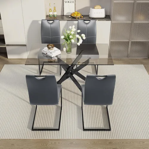 Vista 3 de Juego de mesa de comedor de vidrio de 51 pulgadas para 4 personas con tapa de vidrio templado, color negro Patas de metal negro, sillas de cuero