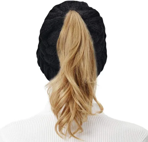 Vista 7 de Rosoz Gorro de cola de caballo para mujer, gorro cálido de invierno, suave, elástico, de punto trenzado, para moño alto