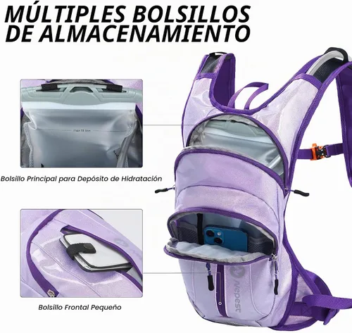 Vista 2 de Nepest Hydration Pack Backpack with 2L Water Bladder Reflective Lightweight Holográfico - Morado