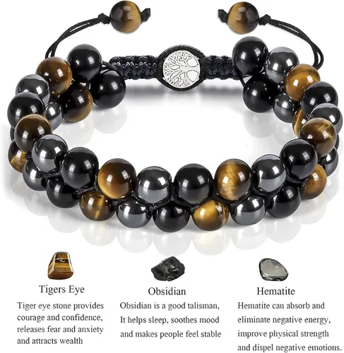 Vista 3 de Pulsera Hecha a Mano de Triple Protección 10mm de Hematita Obsidiana Negra Ojo de Tigre con Piedras de Cristal de Curación para Hombres y Mujeres