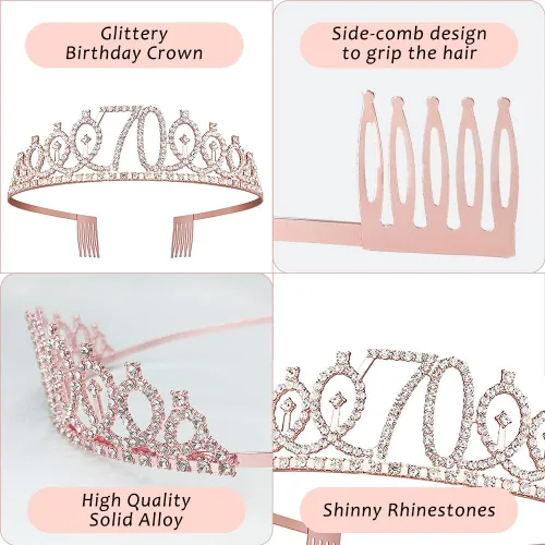 Vista 5 de Decoraciones de cumpleaños número 70 para ella – 5 regalos que incluyen corona de tiara 70, banda, decoración de pasteles, globos, velas