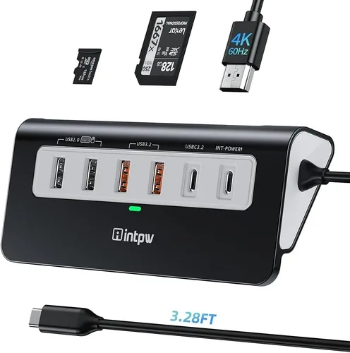 Vista 12 de P9 USB C Hub, INTPW 9-en-1 Adaptador USB Multipuerto con HDMI 4K, PD 100W, USB-C y 2 USB A 3.0 5Gbps, 2 USB A 2.0, Lector de Tarjetas SD/TF, Hub USB