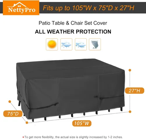 Vista 6 de NettyPro Funda rectangular para mesa de patio, 105 x 75 pulgadas, impermeable, para mesa de comedor y silla, rectangular, color negro