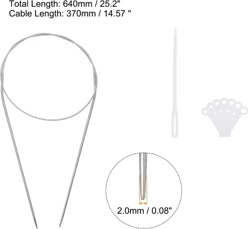 Vista 2 de uxcell Kit de agujas de tejer circulares, 25.2 pulgadas de largo, 0.079 in de diámetro, aguja redonda de acero inoxidable para proyectos hechos a