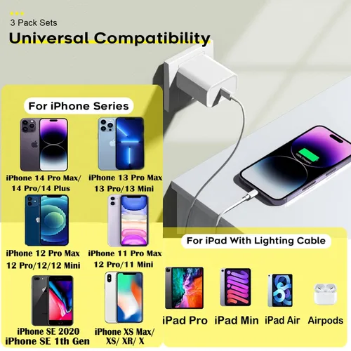 Vista 4 de Cargador rápido para iPhone, cable de carga de teléfono, paquete de 3 cargadores de iPhone de carga rápida de 6 pies, adaptador de carga USB C de 6