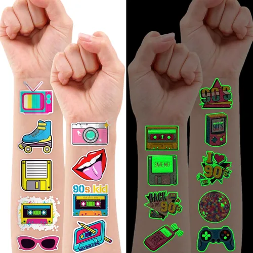 Vista 8 de 96 tatuajes temporales luminosos precortados de regreso a los años 90 y 80 que brillan For Kids Theme Birthday Party Decorations Supplies Favors