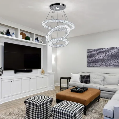Vista 7 de CLAIRDAI Candelabros de Cristal Modernos Ajustables de Cristal de 3 Anillos Lámpara de Techo LED Candelabros LED para Comedor Dormitorio Sala