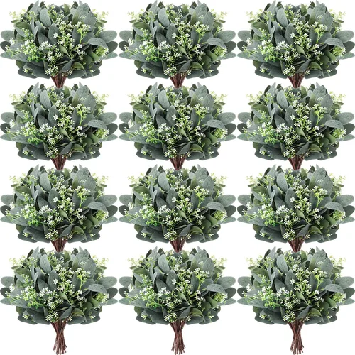 Vista 9 de Janinka 20 piezas de tallo de eucalipto artificial mixto de hojas de eucalipto a granel con semillas blancas de dólar plateado, tallos de verdor