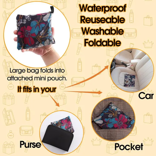 Vista 5 de Paquete de 9 bolsas de comestibles reutilizables, bolsas de compras plegables, bolsa de nailon con asas, lavable, grande, ligera