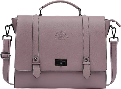 Vista 8 de Maletín para laptop de 15.6 pulgadas para mujer, piel ecológica saffiano morado vintage, 4 compartimentos grandes, 2 bolsillos deslizantes, 1