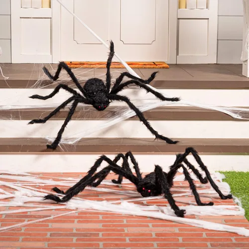 Vista 8 de JOYIN Paquete de 2 decoraciones de araña de Halloween de 4 pies para exteriores, arañas gigantes grandes aterradoras con patas ajustables