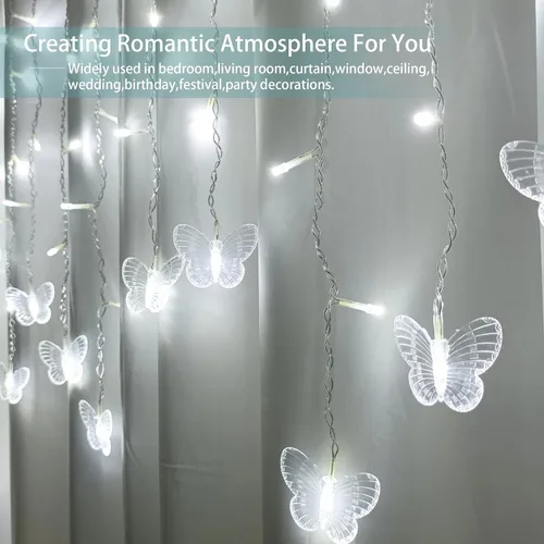 Vista 4 de Luces de Hadas de Cortina de Mariposa con Enchufe USB, 120 LED, 8 modos, 20 pies, luces de cadena de carámbanos centelleantes de luciérnaga
