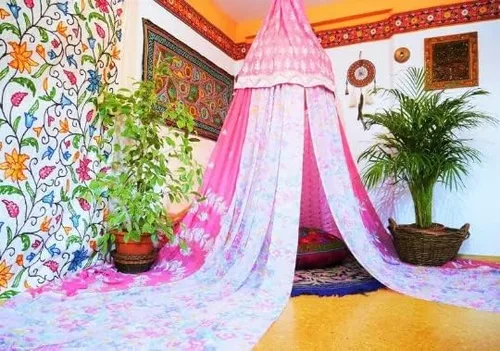 Vista 3 de Toldo de cama bohemio, dosel de sari Cortinas de cama - Cama Montessori - Espacio de meditación Dormitorio bohemio