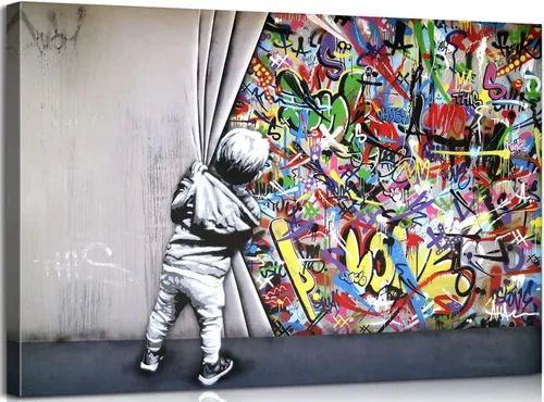 Vista 6 de MGSBCXN Arte de Pared en Lienzo Colorido Graffiti Banksy Póster Impresiones Un Niño Detrás de la Cortina Imagen Obra de Arte Abstracto Arte