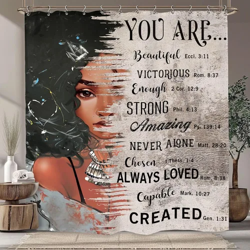 Vista 23 de Cortina de ducha inspiradora afroamericana de 60 pulgadas de ancho por 71 pulgadas de alto, con citas motivacionales positivas de la Biblia, tela