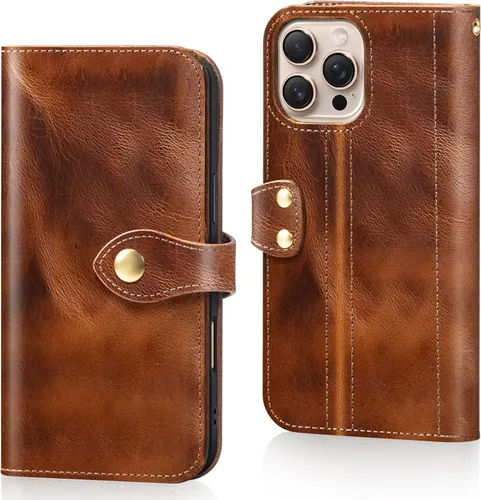 Vista 12 de Funda de cuero compatible con iPhone 16 Pro Wallet de 6.3 pulgadas, protección completa de piel auténtica a prueba de golpes, funda abatible