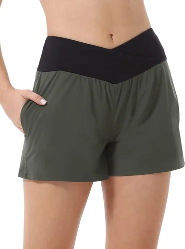 Vista 2 de HARTPOR Pantalones cortos deportivos 2 en 1 de secado rápido para mujer, cintura cruzada con bolsillos, forro de malla para entrenamiento, gimnasio