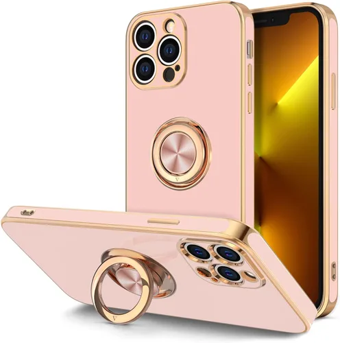 Vista 14 de Hython Funda para iPhone 13 Pro Max con soporte de anillo [soporte de anillo giratorio de 360° con soporte magnético] [borde chapado en oro rosa]