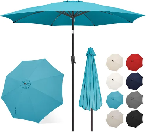 Vista 15 de FLAME&SHADE Sombrilla de patio de 11 pies, sombrilla de mesa para exteriores con botón de inclinación y manivela, protección UV, 8 varillas