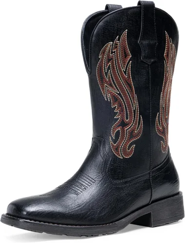 Vista 10 de Jousen Botas Vaqueras para Hombres con Bordado, Botas Occidentales Retro de Punta Cuadrada para Hombre, Botas Vaqueras Para Hombre