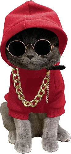 Vista 7 de QWINEE Set de 3 piezas de sudadera con capucha para perro y gato, disfraz para mascotas con collar y gafas de sol, ropa para cachorros, perros